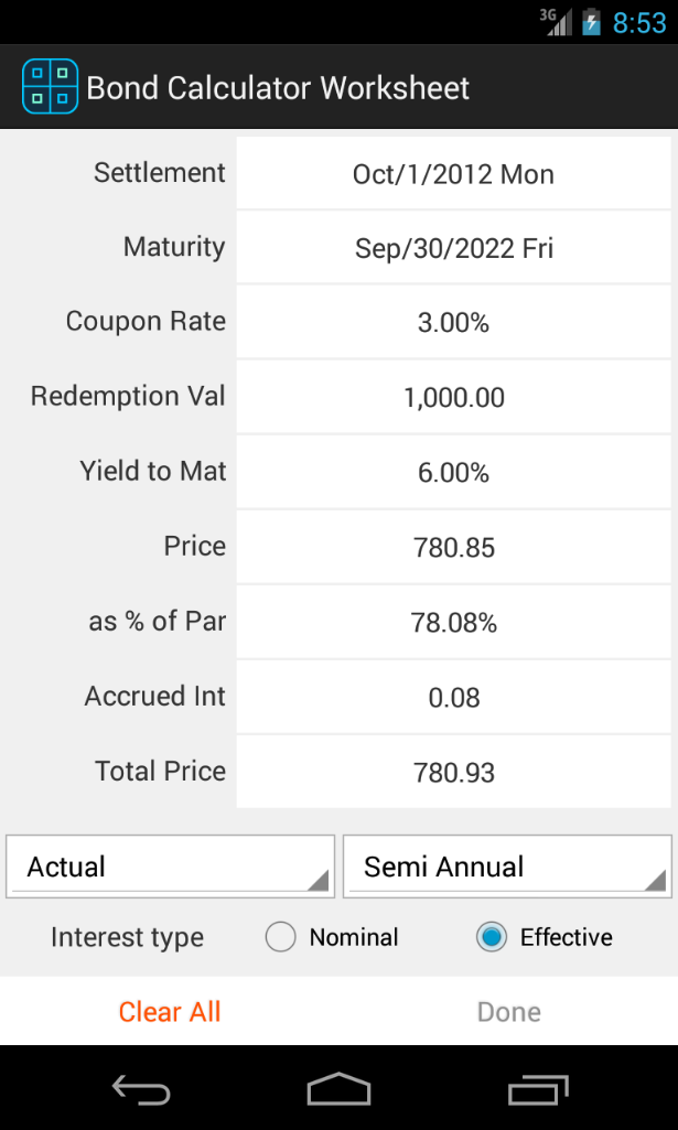 Automatic Financial Bond calculator worksheet